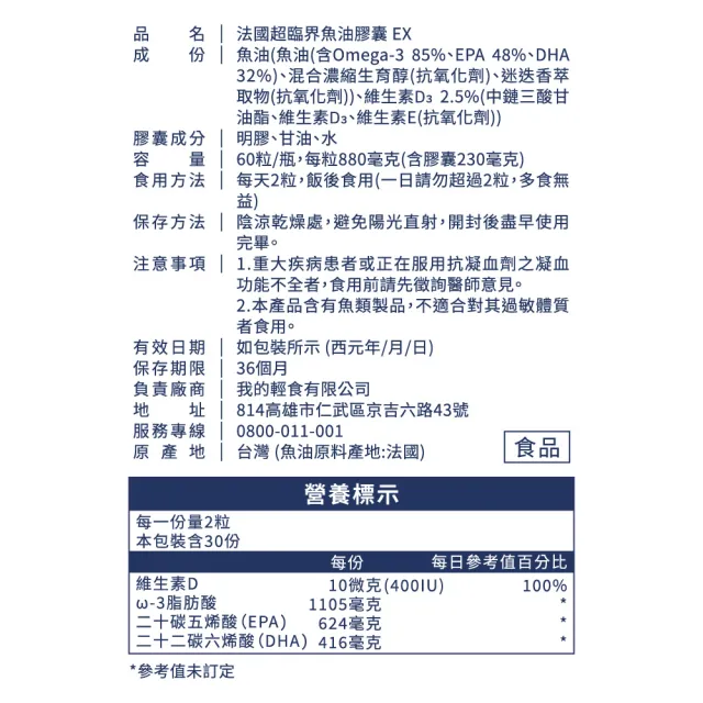 【營養師輕食】法國超臨界魚油 3入組(EX版 一入60顆 96%高濃度 1040毫克DHA+EPA D3 400IU)