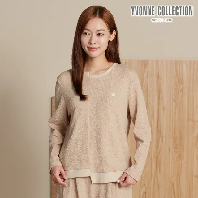 【YVONNE 以旺傢飾】麻花提花拼接長袖上衣-木屋棕