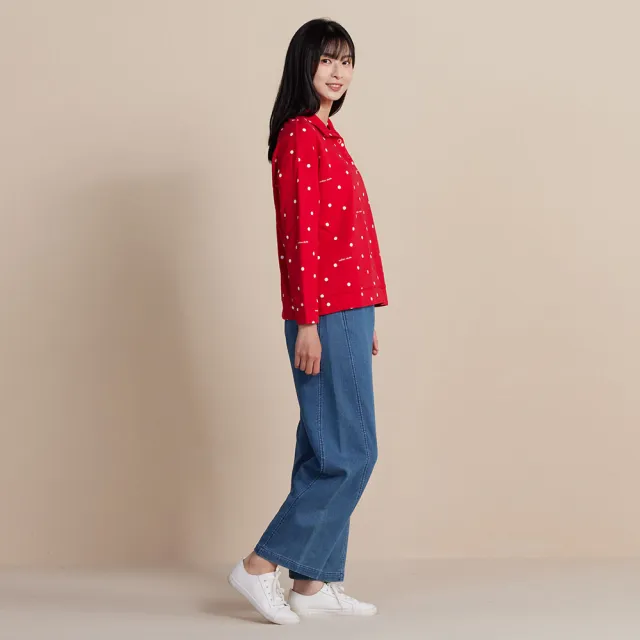 【YVONNE 以旺傢飾】刷毛波點印花半開襟長袖上衣-紅