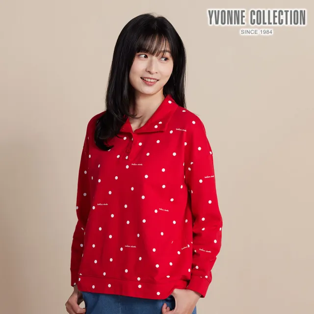 【YVONNE 以旺傢飾】刷毛波點印花半開襟長袖上衣-紅