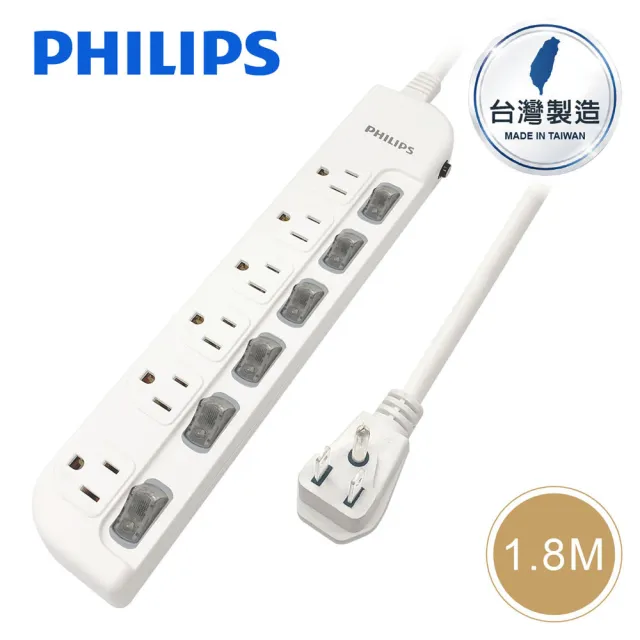 【Philips 飛利浦】CHP3460WA 六開六插延長線-1.8M 台灣製造
