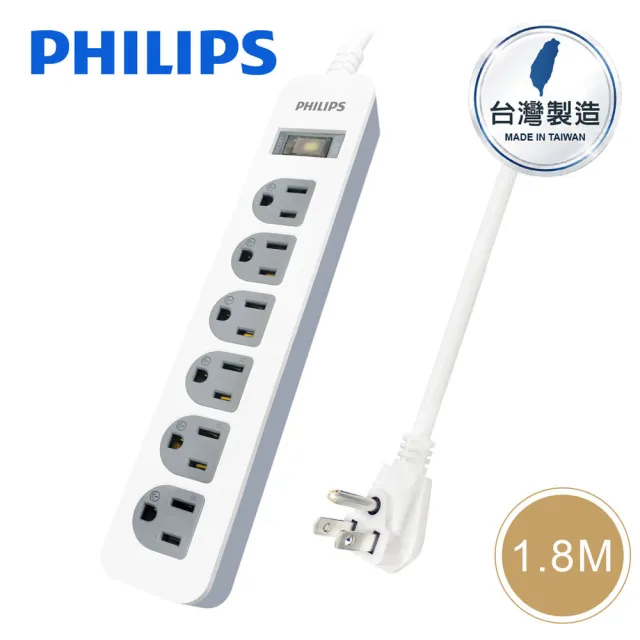 【Philips 飛利浦】CHP2460 一開六插三孔延長線-1.8M
