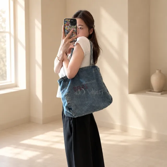 【EMMA SUE】雙11 大容量包包 女生包包 肩背包 托特包 送女友 上班包 水洗藍包 單肩包 復古包包 韓版包