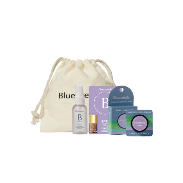 【Blueseeds】冬夜舒眠組(舒眠噴霧30ml+薰衣草滾珠2ml+草本精油膏6g)贈束口袋｜芙彤園