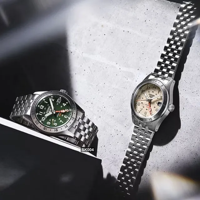 【SEIKO 精工】預新 5 SPORTS軍裝風格GMT雙時區機械錶 象牙白39.4㎜款 SK004(HDB002K1/4R34-00C0S)