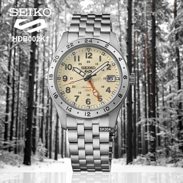 【SEIKO 精工】預新 5 SPORTS軍裝風格GMT雙時區機械錶 象牙白39.4㎜款 SK004(HDB002K1/4R34-00C0S)