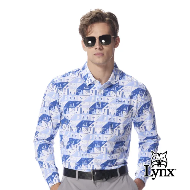 【Lynx Golf】男款吸濕排汗西洋棋印花長袖POLO衫/高爾夫球衫-中藍色