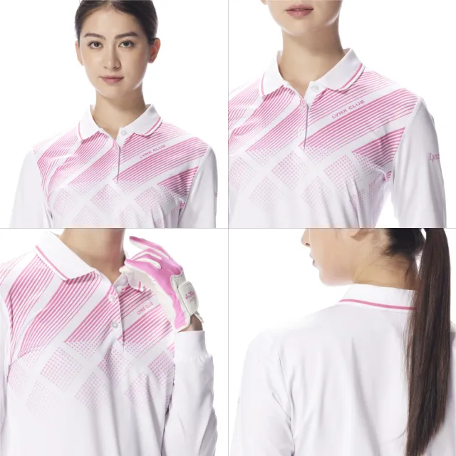 【Lynx Golf】女款吸濕排汗漸層菱紋配條羅紋領長袖POLO衫/高爾夫球衫-粉紅色