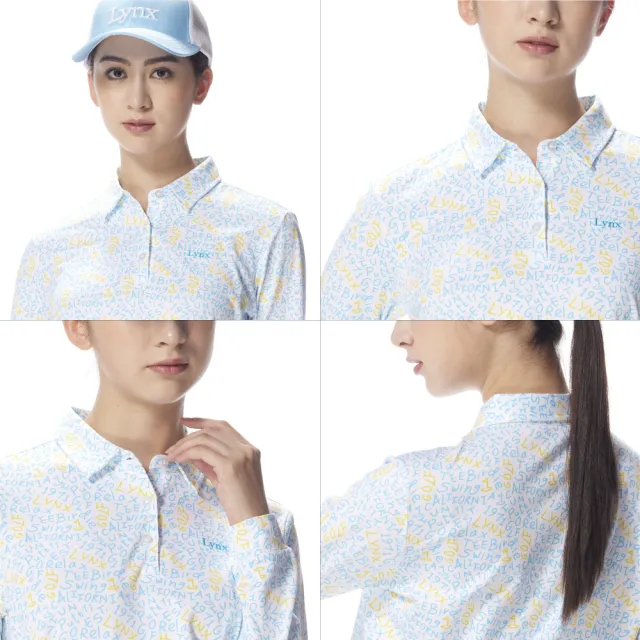 【Lynx Golf】女款吸濕排汗英文字母碎花風格長袖POLO衫/高爾夫球衫-水藍色
