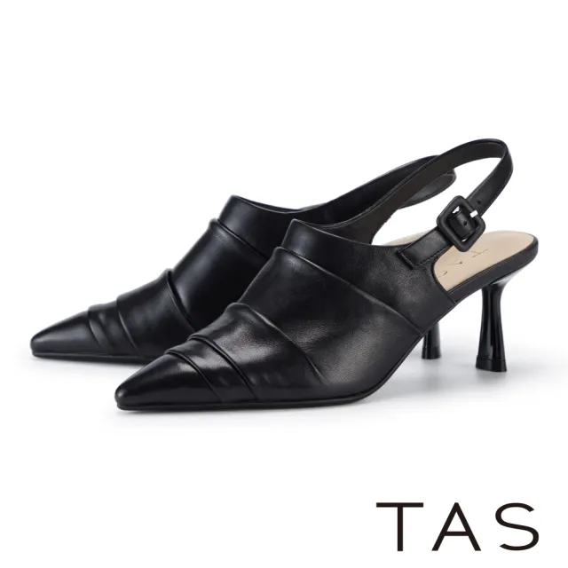 【TAS】質感真皮抓皺尖頭後繫帶高跟鞋 黑色