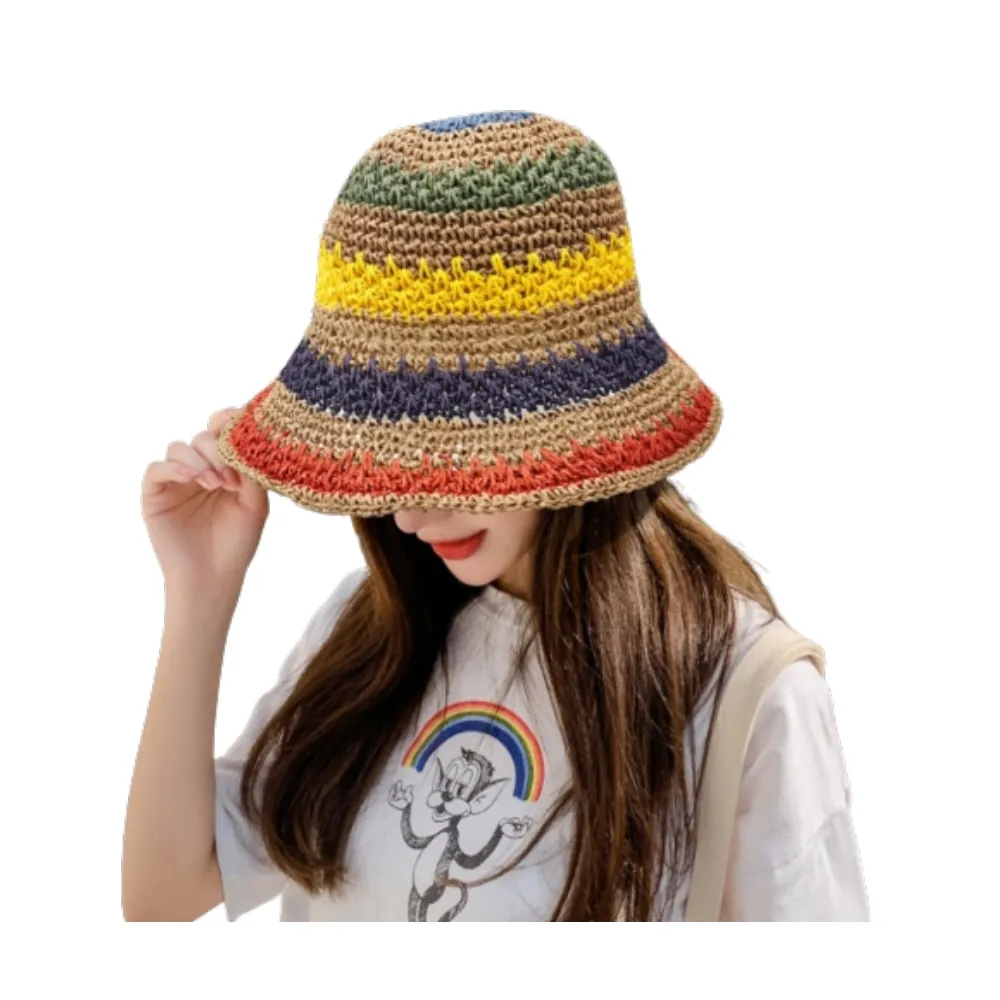 【MGSHOP】日系手工紙草編織草帽 遮陽帽 海灘帽(彩色條紋款/2色)