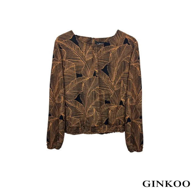 【GINKOO 俊克】葉子印花縮口上衣