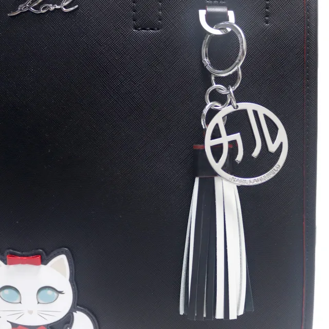 【KARL LAGERFELD 卡爾】墨鏡老佛爺&貓咪硬挺皮革手提斜背兩用包(黑色)