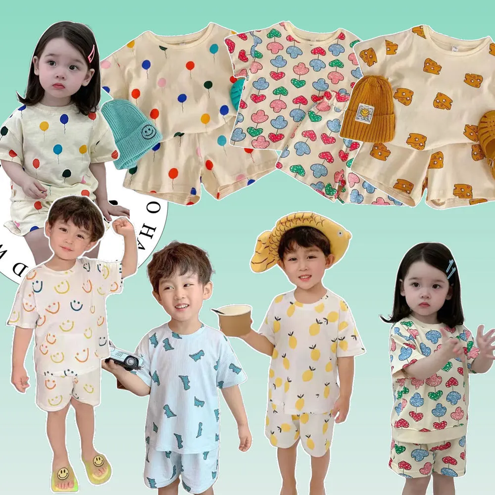 【安朵童舖】現貨韓版兒童冰絲家居服男童短袖套裝女童寬鬆睡衣寶寶冰絲套裝