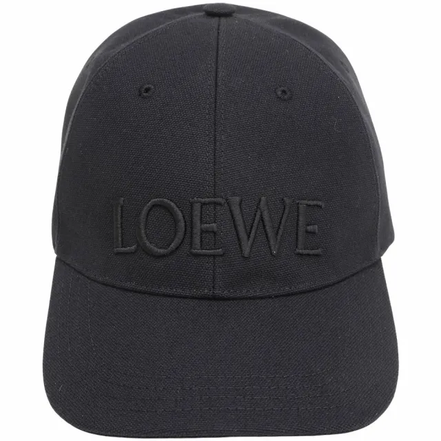 【LOEWE 羅威】品牌字母刺繡 皮標飾邊帆布棒球帽 鴨舌帽(黑色 遮陽帽 老帽)
