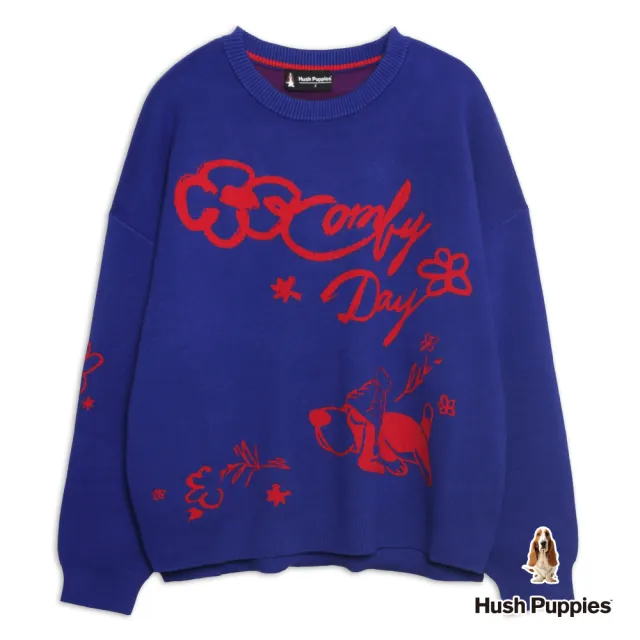 【Hush Puppies】女裝 線衫 撞色緹花趴趴狗寬鬆線衫 (寶藍 / 64213104)