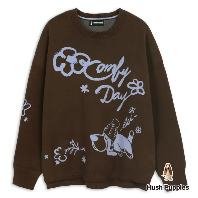 【Hush Puppies】女裝 線衫 撞色緹花趴趴狗寬鬆線衫 (咖啡 / 64213104)