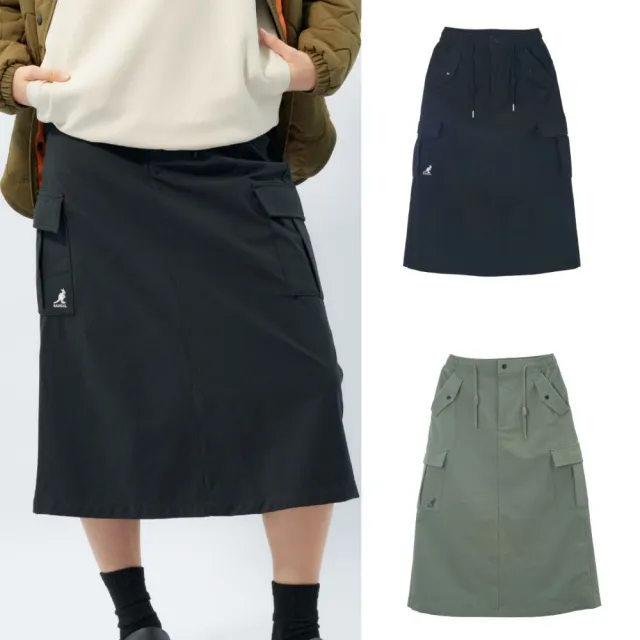 【KANGOL】官方直營 女款 個性 尼龍工裝長裙 (黑色/深綠色)