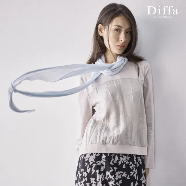 【Diffa】葉脈織紋壓褶異素材拼接長袖針織衫-女