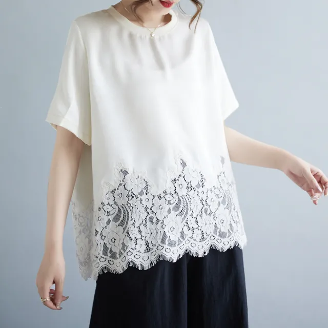 【ALLK 歐楷】新品上架 蕾絲拼接大尺碼上衣歐貨短袖 2色 尺寸L-XXL/中大尺碼/涼爽/透氣