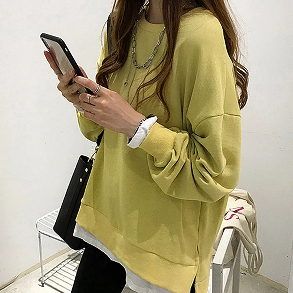 【D.studio】韓版側邊開叉寬鬆長袖上衣(女裝 衣服 寬鬆上衣 顯瘦上衣 冬裝 長袖t恤 素T 素色 大學T W275)