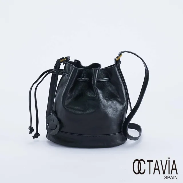 【OCTAVIA 8】雙11 真皮-  Nora油蠟牛皮側束口水桶包-女王黑
