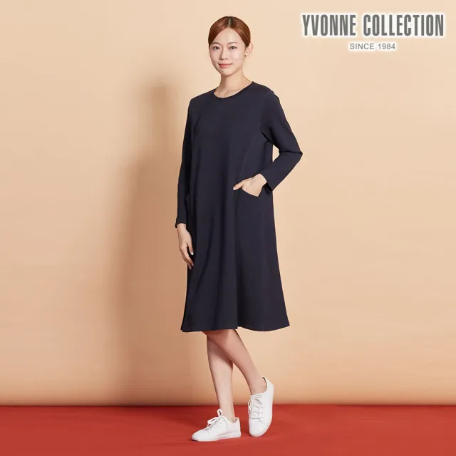 【YVONNE 以旺傢飾】伯恩熊繡花拼接長袖洋裝-深丈青