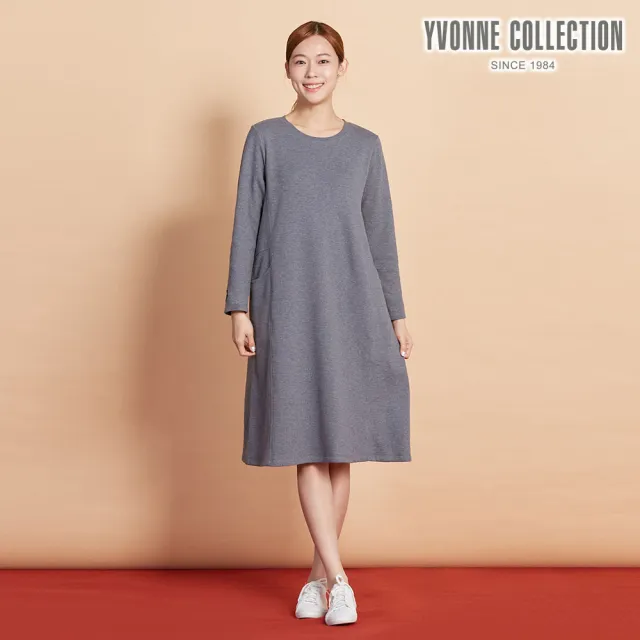 【YVONNE 以旺傢飾】伯恩熊繡花拼接長袖洋裝-岩石灰