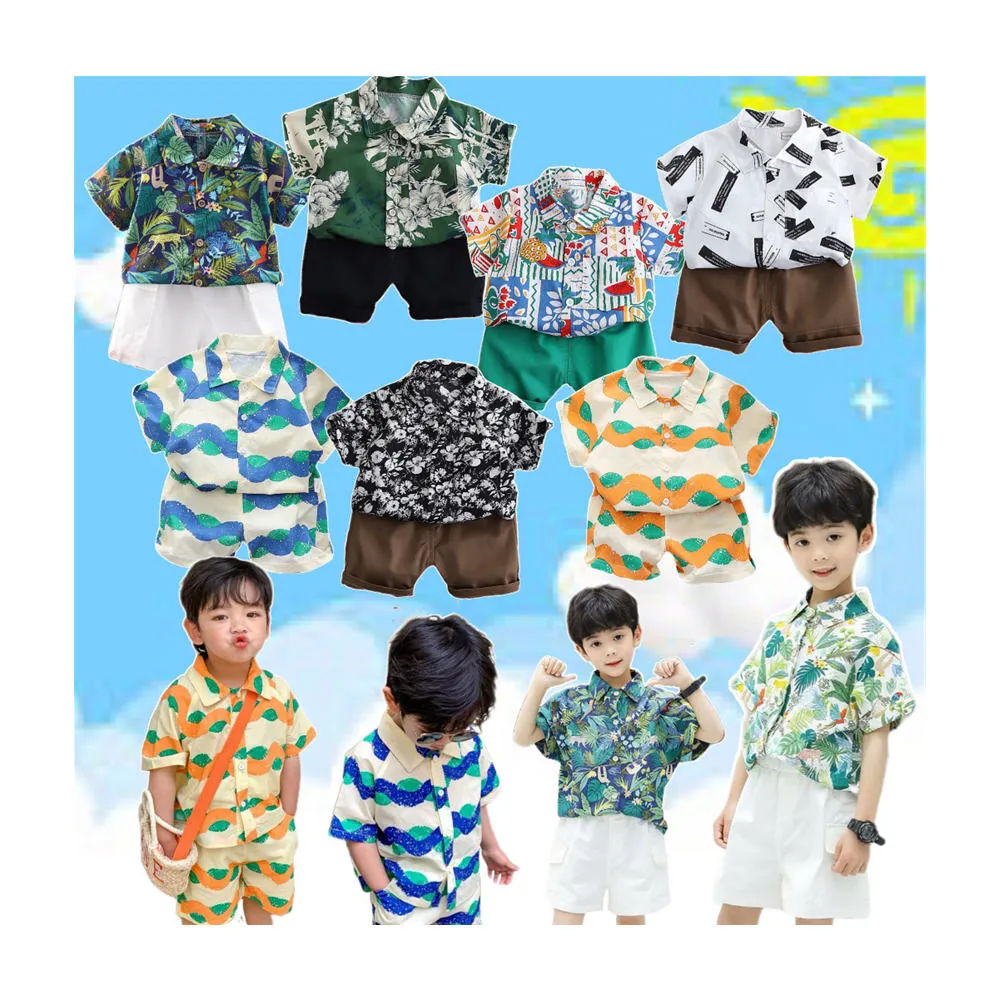 【安朵童舖】現貨韓版兒童短袖渡假風襯衫套裝男寶兩件式襯衫上衣短褲男童花襯衫短袖套裝(016/04/12)
