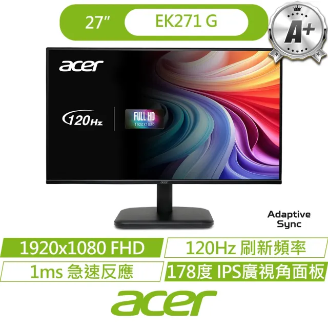 【Acer 宏碁】A+福利品★EK271 G 27型護眼螢幕(27吋/FHD/120Hz/1ms/IPS)