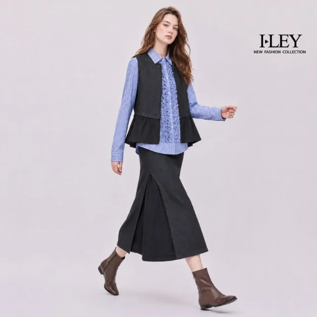 【ILEY 伊蕾】牛仔拼接A字拉鍊背心(黑；M-XL；1263388303)