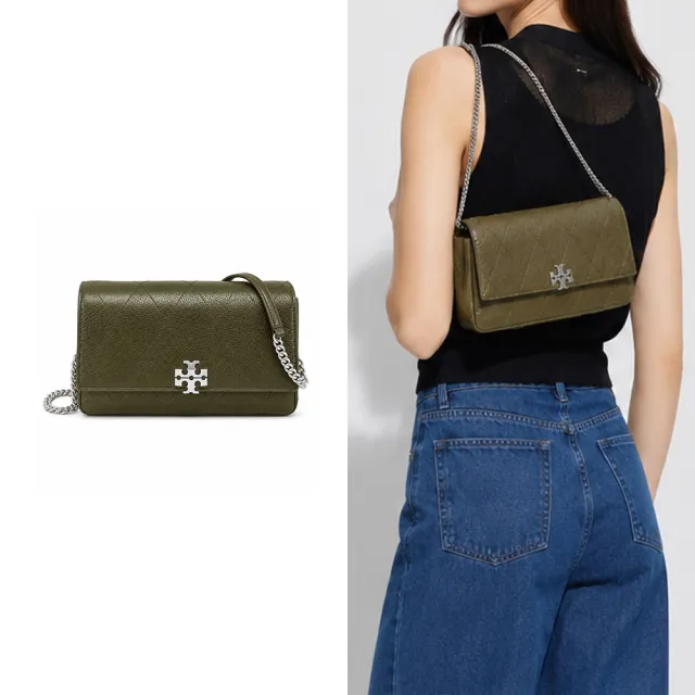 【TORY BURCH】CHARLIE 荔枝紋皮革菱格絎縫鍊帶斜背包(深橄欖綠)