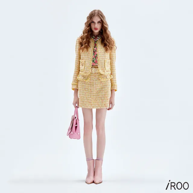 【iROO】花粉黃小香風花呢外套
