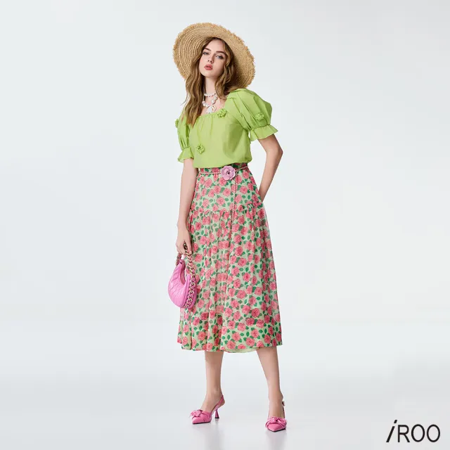 【iROO】薔薇雪紡印花長裙