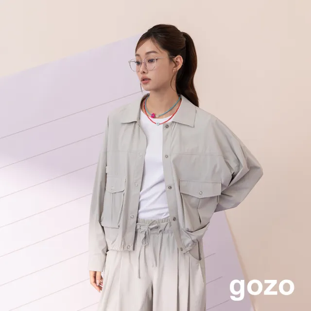【gozo】UPF防護下擺抽皺防曬涼感襯衫(淺灰/淺紫)