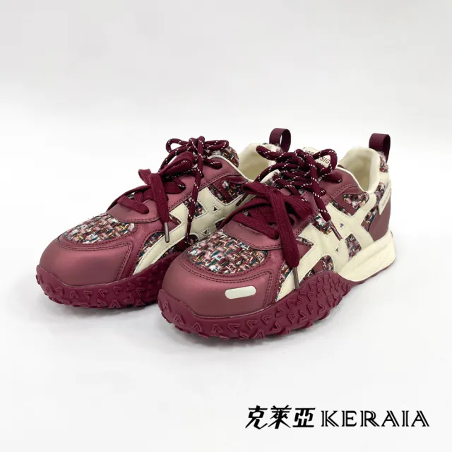 【KERAIA 克萊亞】魅力價-香醇酒紅拼接花紗休閒鞋