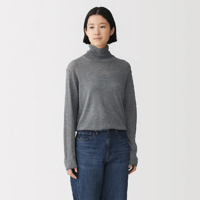 【MUJI 無印良品】女大豆纖維透膚半高領針織衫(灰白/黑色/象牙白)