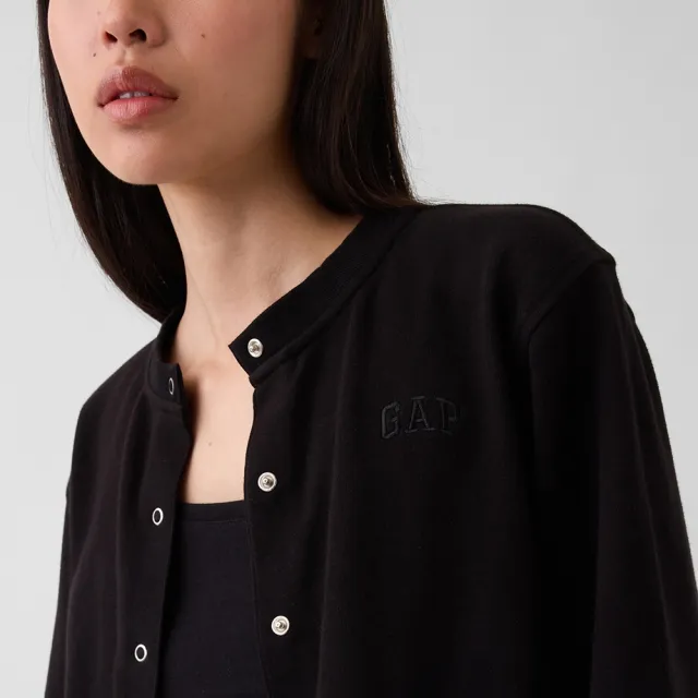 【GAP】VintageSoft毛圈布寬鬆短版開襟大學T-黑色(911058)