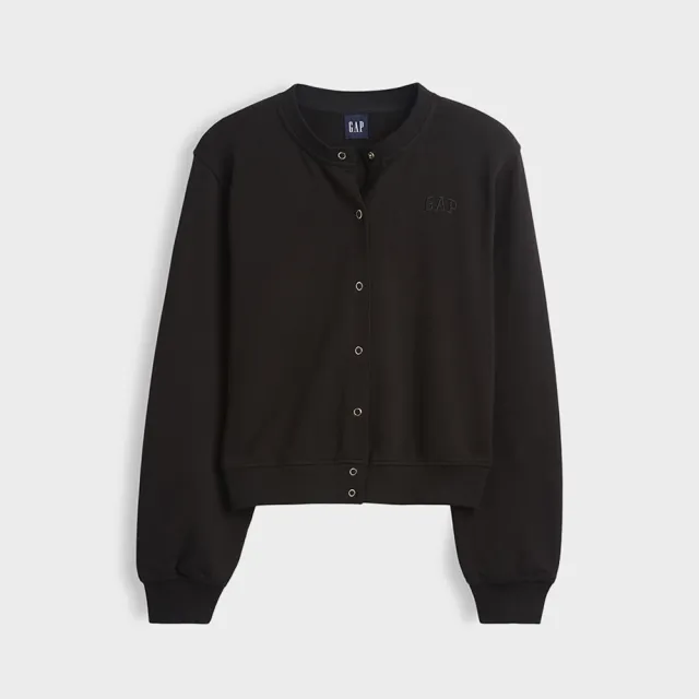 【GAP】VintageSoft毛圈布寬鬆短版開襟大學T-黑色(911058)