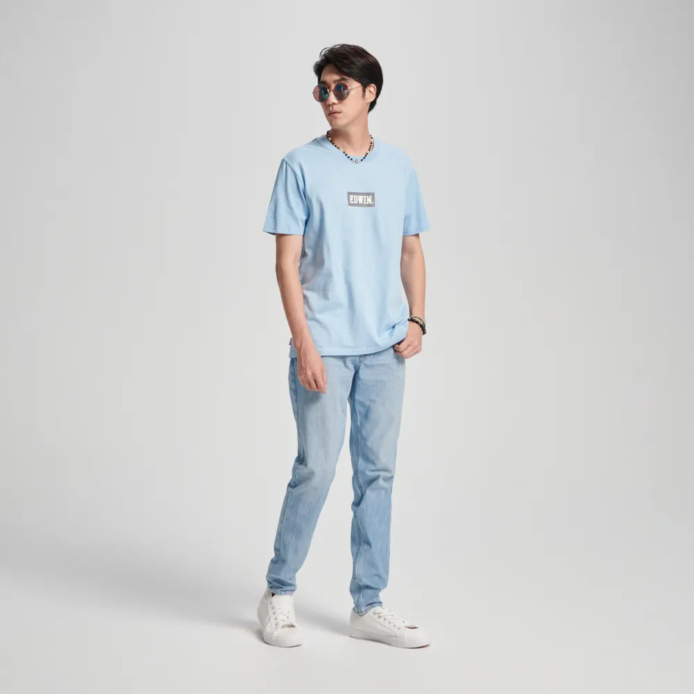 【EDWIN】男裝 BOX LOGO短袖T恤(淺藍色)