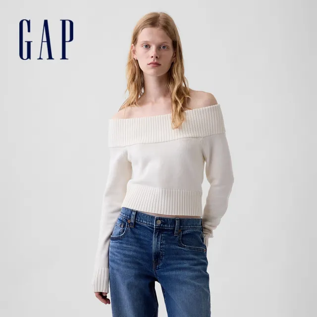 【GAP】短版露肩毛衣-象牙白(910613)