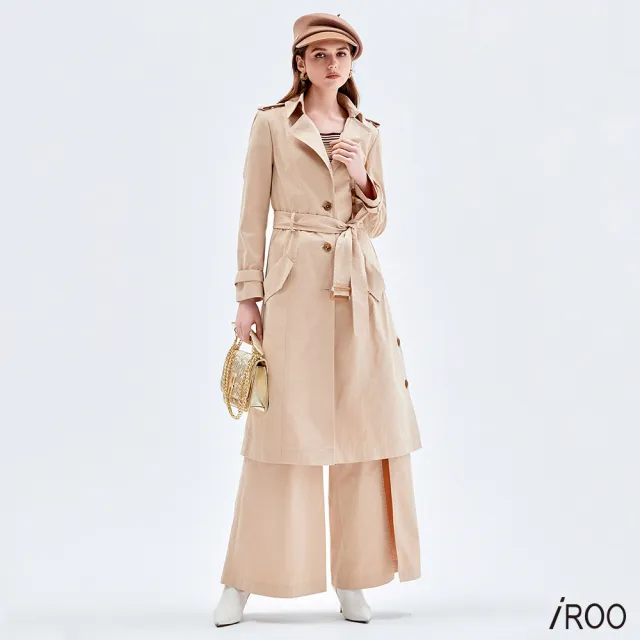 【iROO】奶茶咖色翻領長版風衣