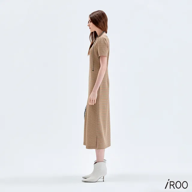 【iROO】摩卡咖色條紋小拋袖洋裝