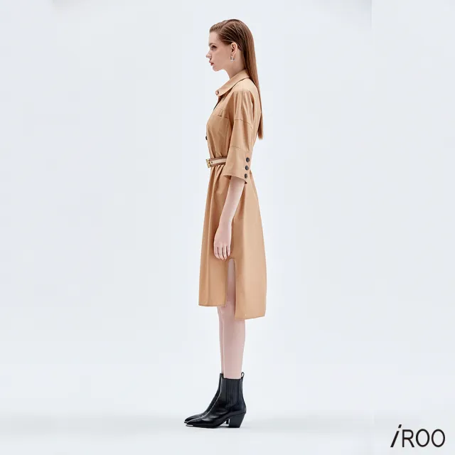 【iROO】摩卡咖色七分袖襯衫洋裝
