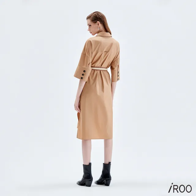 【iROO】摩卡咖色七分袖襯衫洋裝
