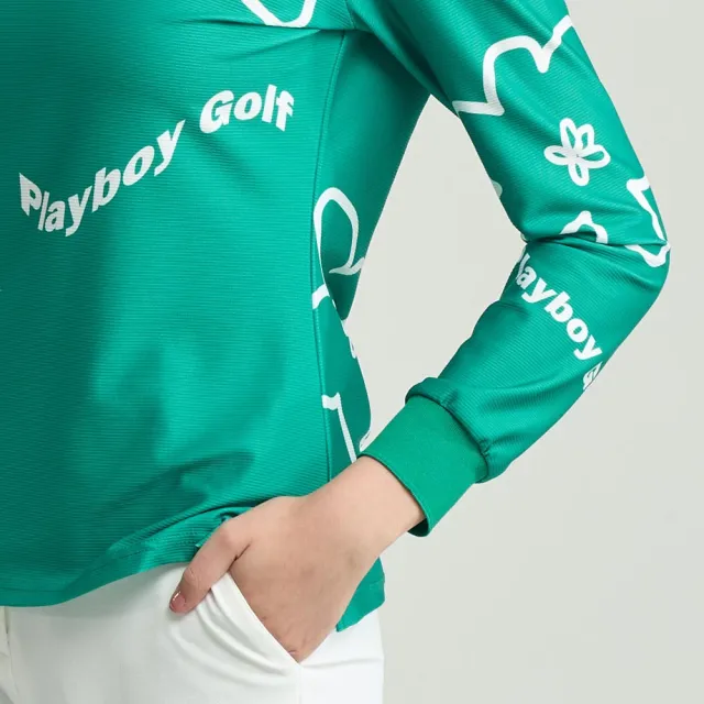 【PLAYBOY GOLF】女款花朵吸濕排汗薄長袖立領上衣-綠(高爾夫球衫/KA25225-45)