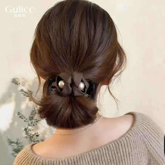 【Gulicc 古莉可】氣質珍珠 緞面花苞 丸子抓夾(雙11 生日 髮飾 頭飾 鯊魚夾 抓夾 禮物)