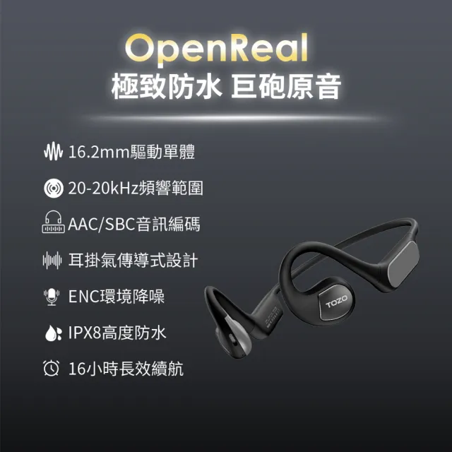 【TOZO】OpenReal ENC通話降噪氣傳導無線藍牙耳機(16H高續航/獨家ORIGX調音/EQ調節/IPX8防水/耳掛式)