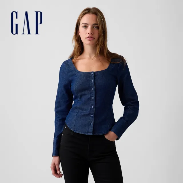 【GAP】牛仔圓領上衣-深色水洗(913934)
