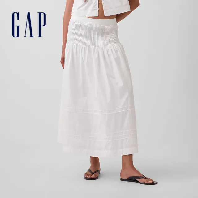【GAP】府綢細褶長裙-米白(912604)